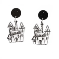 Handbeschilderde acryl kasteel oorbellen met zwarte ronde knopjes voor Halloween-sieraden - Kasteel