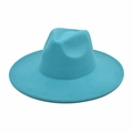 Detailed view of the turquoise wool felt fedora with a flat wide brim and pinched crown - M (56-58cm) / Lake Blue