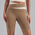 High-waisted khaki and cream color-block yoga shorts with crossover waistband - S / Bottoms / Cocoa