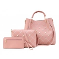 Three-piece pink handbag set with white plaid stitching and pearl stud accents - Pink