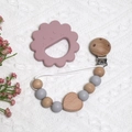 Purple silicone lion teether with beaded pacifier clip and wooden heart charm - Lion Teether + Beaded Chain / Light Blue