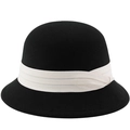 Elegante cappello a cloche in lana nera con fiocco avorio in stile vintage francese - M (56-58cm) / Nero