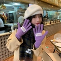Purple knitted touchscreen gloves with chic woven labels and a plaid winter scarf set - M / Violet