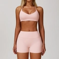 Set da yoga rosa chiaro da donna con reggiseno sportivo e pantaloncini a vita alta - Taglia S / Top E Pantaloni / Rosa Pesca