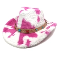 Chapeau de cowboy en peluche à motif vache rose avec bandeau en pierres précieuses - Sommet en Coeur / Imprimé vache rose rouge et blanc
