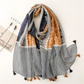 Vintage linen-feel scarf with geometric leaf prints and tassels on white background - Orange & Dark Blue Plant Geometric (SL2111-014)