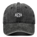 Vintage gewaschene Baumwoll-Basecap mit weißer Lotus-Stickerei auf der Vorderseite in Anthrazit - Schwarz
