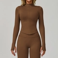 Ensemble de yoga moulant marron chocolat avec veste zippée et legging pour femmes - Café Foncé