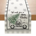 Christmas table runner with festive truck and tree print on gray plaid linen fabric - Grey White Plaid Xmas Truck (ZQ28-5)