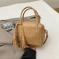 Handwoven camel square handbag with classic Intrecciato pattern and tassel detail - Khaki