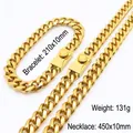 Conjunto de collar y pulsera de eslabones cubanos Miami dorados 10mm con cierre de engranaje - Estilo B (10mm) / Pulsera 21cm + Collar 45cm / Dorado