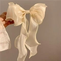 Beige silk bow hair claw clip with elegant ribbon and pearlescent mermaid finish - Beige
