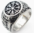 Anello Bussola Vichinga per uomo in argento con rune norrene e finitura vintage - US 7 / Colore Acciaio (09106)