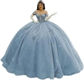 Elegant dusty blue off-shoulder ball gown featuring lace appliques and sequin ball skirt - Grey Blue with Train