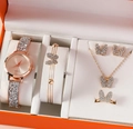 Rose gold 5pcs set for women with butterfly watch and jewelry in an orange gift box - Rose Gold Set 10 (Orange Box)