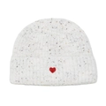 Detail of off-white knitted beanie with colorful nep yarn and red heart embroidery - M (56-58cm) / White