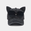 Detail of creative cat ear baseball cap with integrated sunglasses and washed denim fabric - Adjustable / Black