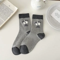 Japanese style mid-calf socks in grey contrast with cute flocked schnauzer dog embroidery - One Size / Grey Dog