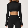 Women's black long sleeve crop top and high waist leggings brushed yoga set - S / Premium Black