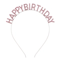 Detailed close-up of metal headband featuring pink rhinestone Happy Birthday lettering - Pink