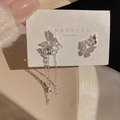 Silver butterfly earrings with sparkling cubic zirconia and long elegant tassel fringe - A512 Silver Butterfly Zircon Tassel Earring