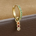 Detail of gold drop earrings with green zircon band and dangling multi-color gems - Gold-Multicolor Triple Round Stone Drop / 1PC