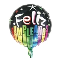 18-inch round black foil balloon with colorful Spanish Feliz Cumpleaños lettering - Round Piano Spanish Birthday