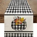 Linen table runner with black and white buffalo plaid, pumpkins and sunflowers - 33cm*90cm