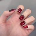 Sweet strawberry design short press-on nails with red finish and green leaf details - By1617 Golden Moon Strawberry / Glue Type