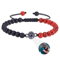 Detail of hand-woven bracelet with projection stone showing custom photo inside - Red Turquoise + Matte Stone