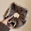 Oversized coffee brown polka dot hair scrunchie with beige crochet lace trim details - Coffee Double Layer Lace Scrunchie
