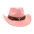 Pink suede western cowboy hat with brown band and silver bull head decoration - One Size / Dusty Pink