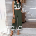 Completo due pezzi verde da donna con top senza maniche e pantaloni a gamba larga con ricami fiori - S / Verde Militare