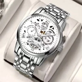 Silver men's skeleton mechanical watch with white dial and metal strap on display pillow - Silver White Dial