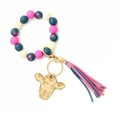 Pink and navy silicone beaded cow head keychain with suede tassel and leopard pattern charm - Floral Navy Pink