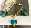 Gold plated link bracelet with blue gradient glass heart pendants and OT clasp toggle - Necklace / Green