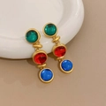 Boucles d'oreilles vintage dorées avec gemmes rondes vertes, rouges et bleues - Boucles d'oreilles pendantes perles tricolores