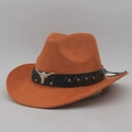 Classic orange western cowboy hat featuring a black leather band and silver bull head buckle - Bull Head Belt Buckle Decor / Khaki