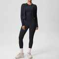 Detailed view of women's black 3-piece yoga set with zip-up jacket and high waist leggings - S / Black