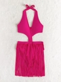 Détail du maillot de bain rose fuchsia ajouré avec de longues franges et licou noué - S / Rose rouge
