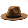 Detail of tan fedora hat featuring black leather band and silver metal rivets - M (56-58cm) / Khaki