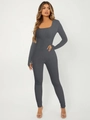 Detail of dark grey square neck long sleeve jumpsuit with ribbed knit texture - Dark Gray