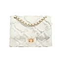 White denim crossbody bag with gold chain strap and fringed edges in a quilt pattern - White