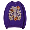 Dark purple crewneck sweatshirt with Halloween skeleton and pumpkin print design - S / Tops / Deep Purple (Pumpkin Skeleton)
