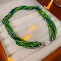 Luxurious multi-strand woven crystal bracelet with emerald green beads and rhinestone clasp - Necklace-Green