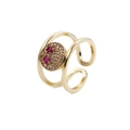 Close-up of gold-plated smile ring with red and white cubic zirconia micro-pave details - Adjustable Open / Rose Eyes White Zirconia Smile Face