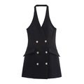 Vestido blazer corto negro con cuello halter para mujer con diseño cruzado y corte ajustado - XS / Negro
