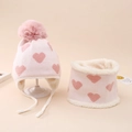 Ensemble d'hiver bonnet tricoté à cœurs et écharpe doublée polaire pour fillettes - Blanc