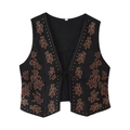 Chaleco étnico negro con bordado floral, detalles de tachuelas y cierre con cordones - S / Negro