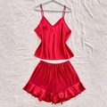 Conjunto de pijama de satén rojo con camisola de cuello en V y pantalones cortos - 1XL / Rojo